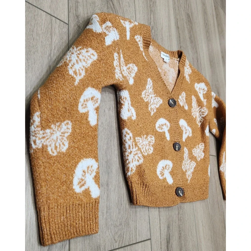 Eyeshadow Girls Butterfly Mushroom‎ Button Cardigan Sweater Kids Size 10 Brown